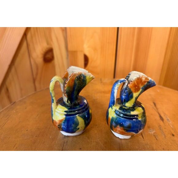 Vintage MEXICAN Signed MINI DRIP GLAZE POTTERY PITCHER WITH SAWTOOTH RIM lot of - Picture 3 of 7